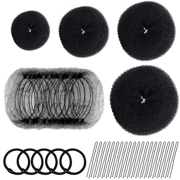 FANDAMEI Hair Donut Bun Maker, Hair Bun Shaper Set with 20 pcs Invisible Hair Nets for Bun, 4pcs Donut Bun Maker, 5 pcs Hair Elastic Bands, 20 pcs Hair Bobby Pins(Black)