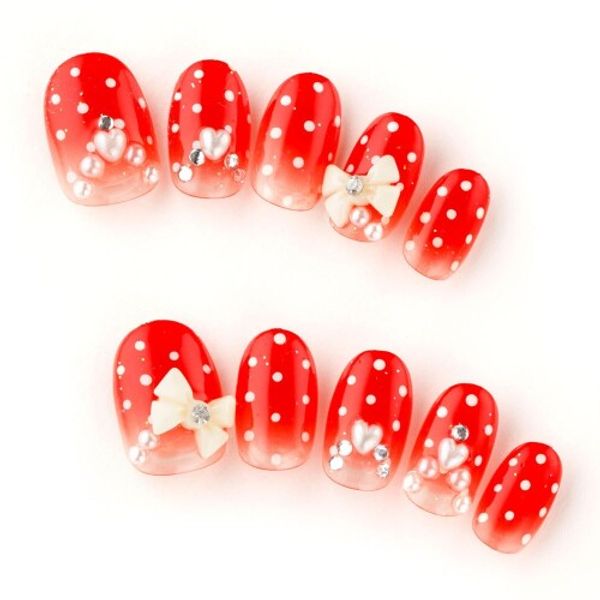 Yuzu Nail Party Nail Tips Round False Nails with Double Sided Tape Ribbon Dress Cute A01499-R-CRED