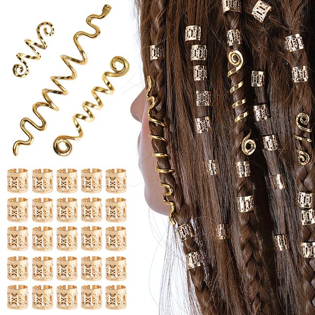 Dreadlock Schmuck Haarspiralen Clips Haar Geflecht Ringe, Verstellbar Metall Cuffs Haar Dreadlocks Zubehör Manschetten Set Für Männer Und Frauen -28Pcs (Gold)