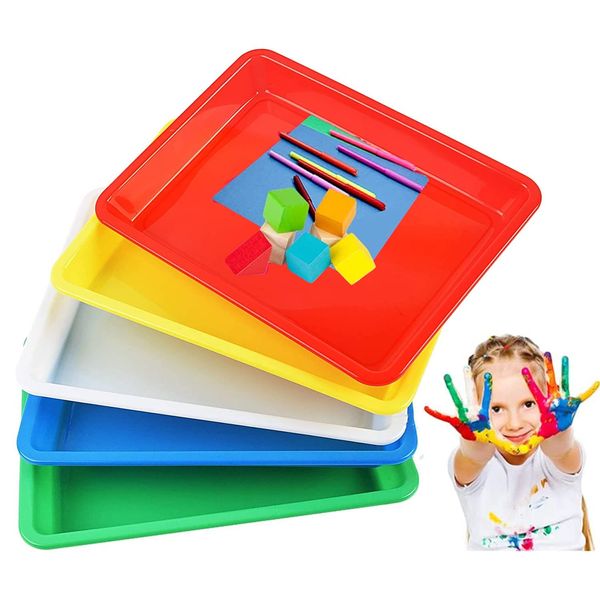 5 Pcs Plastic Serving Tray Multicolor Play Art Activity Trays Anti-Slip Crafts Organizer Tray for School Home Art and Crafts, DIY Projects, Painting, Beads, Organizing Supply - 28 x 21 x 3cm