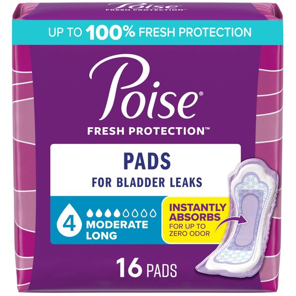 Poise Incontinence & Postpartum Pads for Bladder Leaks, 4 Drop Moderate Absorbency, Long Length, 16 Count, Packaging May Vary