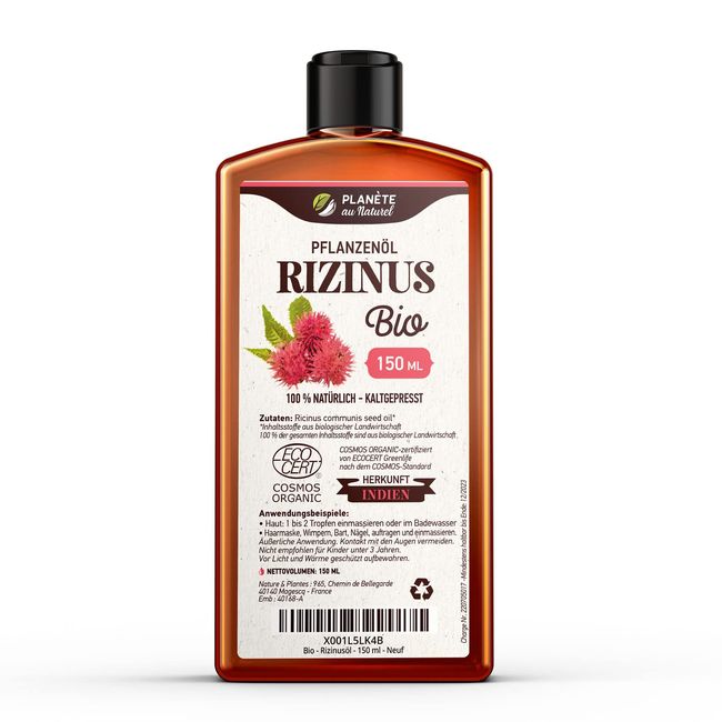 Rizinusöl Bio 150ml - 100% Rein, Natürlich und Kaltgepresst - Wimpern, Augenbrauen, Haare, Bart, Nägel