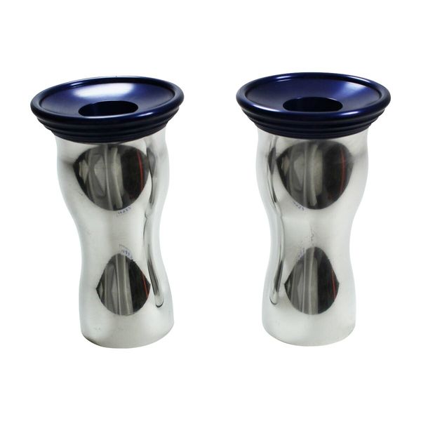 Candle Light Holder Solid Aluminum Navy Blue Finish Pair Stand Renovators Supply