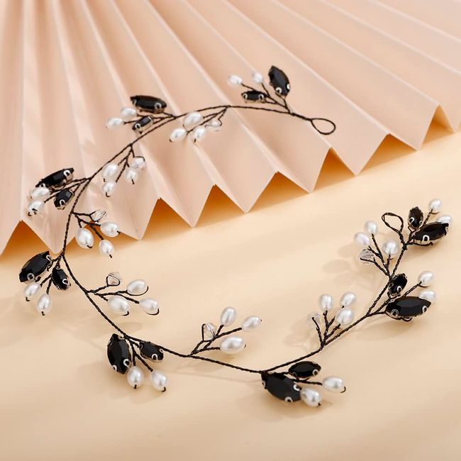 Teyglen Bridal Black Crystal Hair Vine Wedding Rhinestone Pearl Headband Hair Vine Handmade Black Crystal Hair Pieces Headpieces Wedding Hair Accessories for Women Girl (Black)