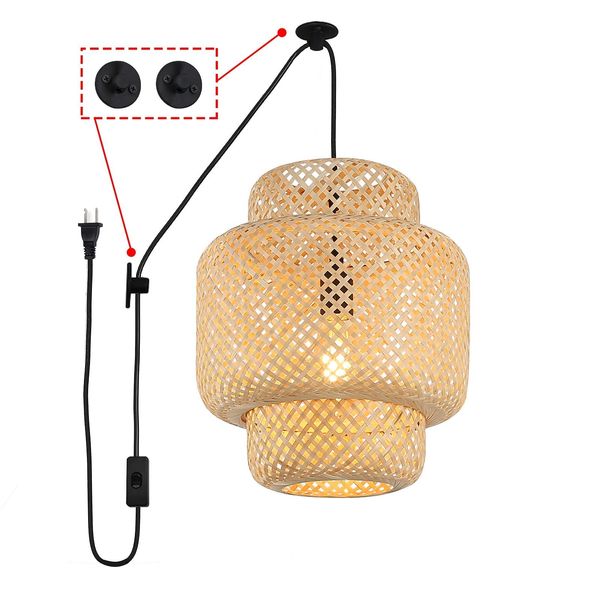 Hand Woven Bamboo Pendant Lighting for Kitchen Island, Plug in Cord Ceiling Hanging Wicker Lamp, Rattan Basket Chandelier Bamboo Light Fixture for Living Room Dining Room Restaurant(Cake Shape)