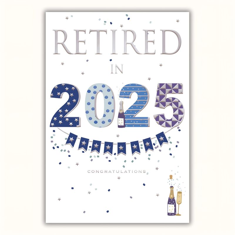 ICG Biglietto di congratulazioni per la pensione da uomo – Retired in 2024 – spiriti, libri e viaggi in rilievo con dettagli laminati e flitter