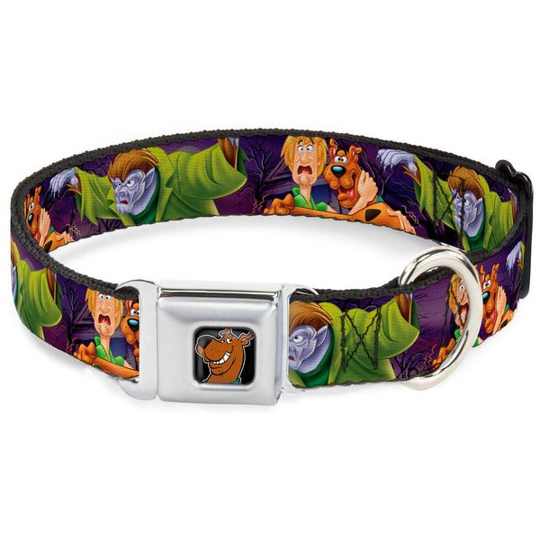 Buckle-Down Seatbelt Buckle Dog Collar - Scooby & Shaggy Hugging w/Werewolf Man Purple - 1.5" Wide - Fits 16-23" Neck - Medium