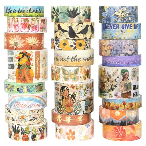 Gold Washi Tape Set, 24 Rolls Mother and Daughter Themed Washi Tapes for Junk Journal Supply, Flowers, Butterflies, Encouraging Words, Rainbow Colourful Tape for Scrapbooking, DIY Crafts, Planners