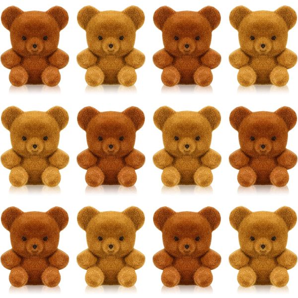 36 Pcs Mini Flocked Bears Miniature Stuffed Plush Bears Tiny Decorations for Birthday Cake Baby Shower Wedding Party Favor Small Bag Charm DIY Supplies, 1 Inch, Brown, Light Brown