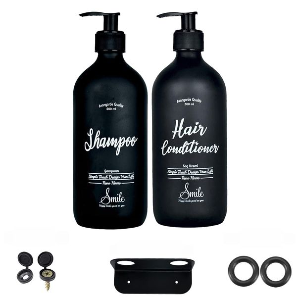 Duvar Askı Aparatlı Siyah Cam Saç Kremi + Şampuan Şişesi – 500 Ml (Hair Conditioner + Shampoo)