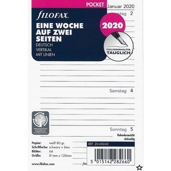 Filofax Pocket Calendar Insert 1 Week on 2 Pages Vertical (German) 2020