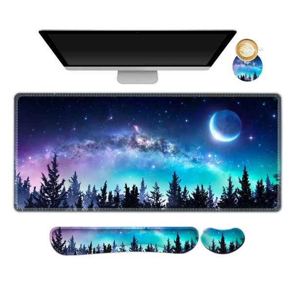 AIMSA Large Gaming Mouse Pad Set, Keyboard Wrist Rest Support + Extended Mouse Pad + Mouse Wrist Cushion + Coaster, Ergonomic Memory Foam Multifunctional Desk Mat 35x15.7inch (Forest Moon Sky)