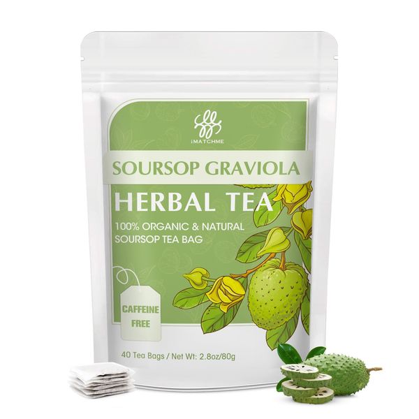 iMATCHME Soursop Graviola Leaves Tea Bag, Soursop Loose Leaf Herbal Tea for Support Digestion & Rich In Nutrients, Hoja Guanabana Tea, Sugar/Caffeine/Gluten Free, 40 Tea Bags