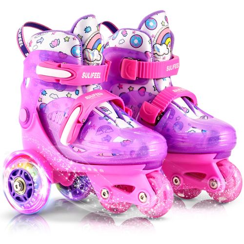SULIFEEL Adjustable Roller Skates for Girls Boys Kids,Fun Illuminating Light Up Flash Wheels Three-Point Type Balance Suitable for Beginners Indoor Roller Skating Purple & Pink Size Small