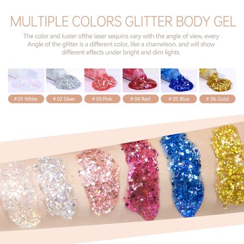 SUMEITANG 6Colors Face Body Glitter Gel，Mermaid Holographic Sequins Chunky Glitter Paint for Party Singer Concerts Music Festival Rave Accessories for Girls Women Face Body Hair Sparkling Makeup