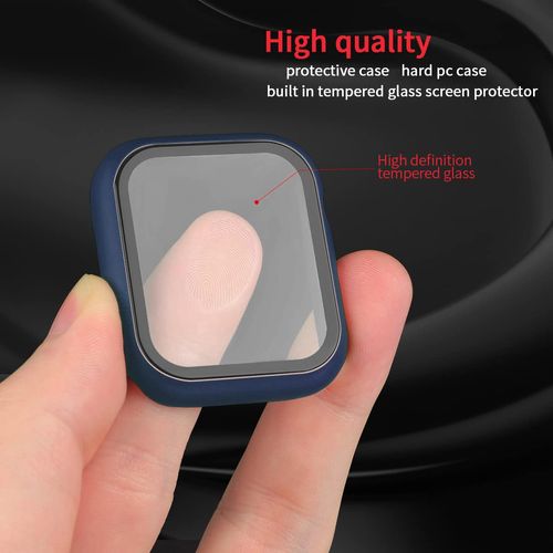 HANKN (2 Pack) Hard PC Case with Button for Apple Watch Series 4 5 6 SE 44mm Tempered Glass Screen Protector Case, Full Coverage Shockproof Matte Iwatch Bumper Cover (Night Blue, 44mm)