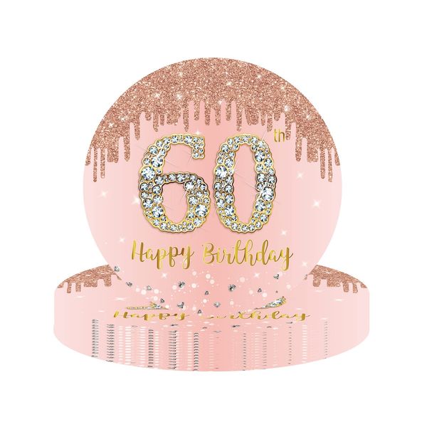 Happy 60th Birthday Paper Plates 9" Rose Gold,16Pcs Womens Birthday Party Plates Disposable Tableware,60th Birthday Decorations Plates for Women,Her 60th Birthday Party Supplies Table Decorations