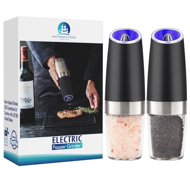 Gravity Electric Pepper and Salt Grinder Set (Do Not Use Rechargeable Batteries), Battery Operated Pepper Mill with Blue LED Light, One Hand Operation, Flip to Grind, Adjustable Coarseness