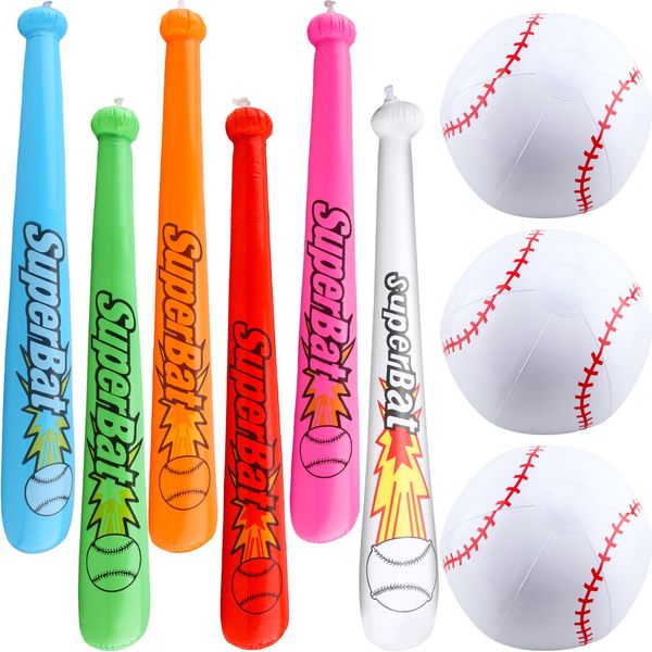 Feradny 9 Pack Inflatable Baseball Bat Blow up Baseball Toy Bat Set Include 6 Pcs 32 Inch Baseball Bat Inflates and 3 Pcs Beach Ball Baseball for Summer Pool Baseball Theme Party Supplies