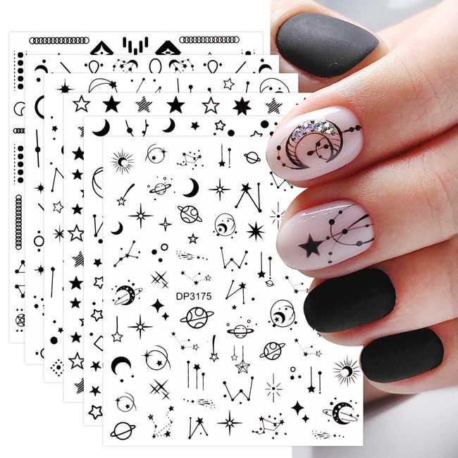 8 Sheets Black Star Moon Nail Art Stickers Decals Self-Adhesive Metallic Ramadan Zodiac Design Manicure Tips Nail Decoration for Women Girls