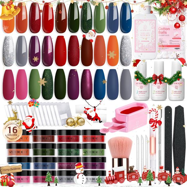 AZUREBEAUTY 130 Pcs Dip Powder Nail Kit Starter 16 Colors Fall Dip Powder Liquid Set with Top/Base Coat Activator Nail Remover Professional Glitter Dipping Powder Nail Kit for DIY Salon Gifts