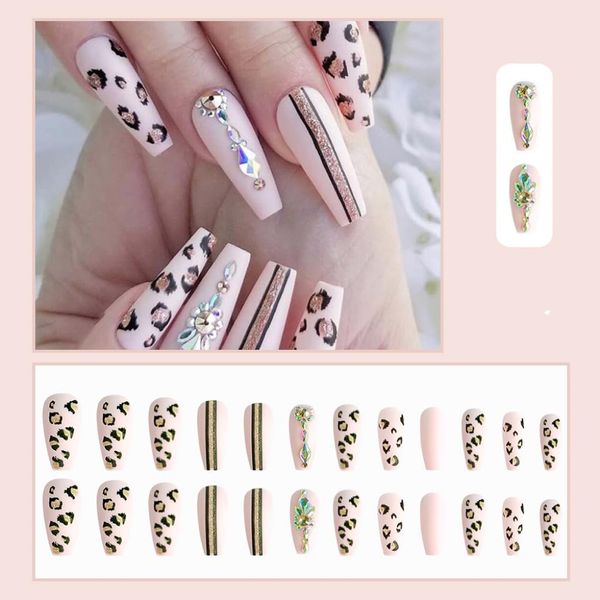 Flash Powder Ballerina Fake Nails Pink Nail with Moon Decoration Nails Press on Extension Suit Matching (leopard pink)