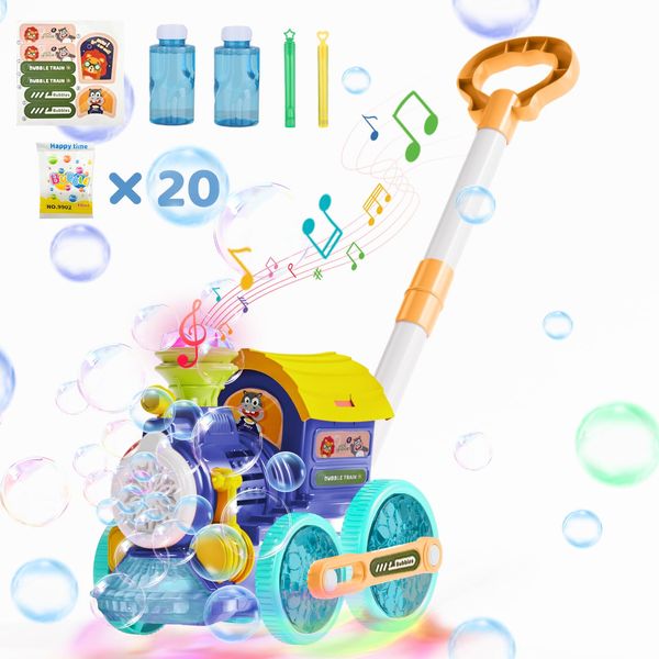 Bubble Machine,Bubble Blower Maker,Bubble Lawn Mower for Toddlers,Bubble Music Train with Light,Summer Outdoor Push Backyard Toys for 1-8 Ages,Christmas Birthday Gifts for Preschool Boys Girls (Blue)