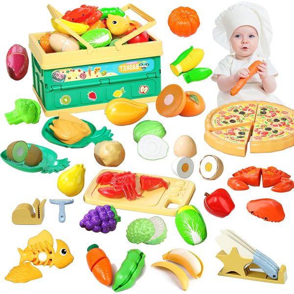 Pretend Play Food Toy Set for Kids Kitchen, Storage Basket Cutting Fake Food, Fruit and Vegetable Accessories, Toddler Early Educational Learning Kitchen Toy Gift for 3-8 Years