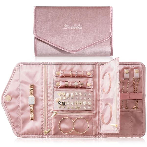 Lolalet Travel Jewellery Organiser, Foldable Velvet Jewellery Pouch Fashion Traveling Jewelry Wallet Envelope Clutch for Rings Earrings Necklaces Bracelets Brooches Eardrops Watch -Pink