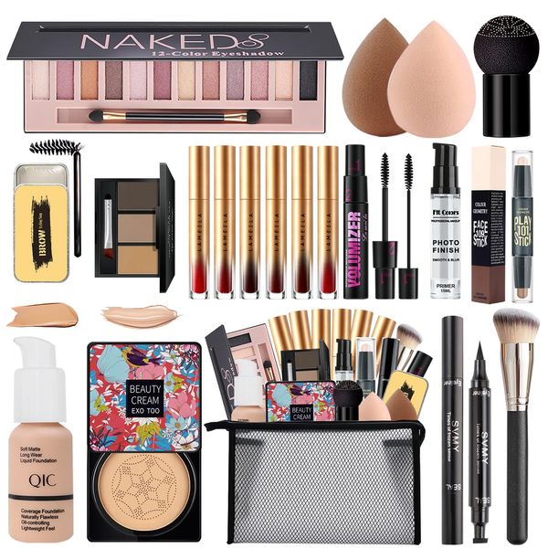 All in One Makeup Kit,Includes Naked Eyeshadow,Liquid Foundation,CC Cream,Lipstick Set,Mascara,Makeup Brush,Makeup Sponge,Eyebrow Powder,Eyebrow Soap,Eyeliner Stamp, Primer,Contour Stick,Cosmetic Bag