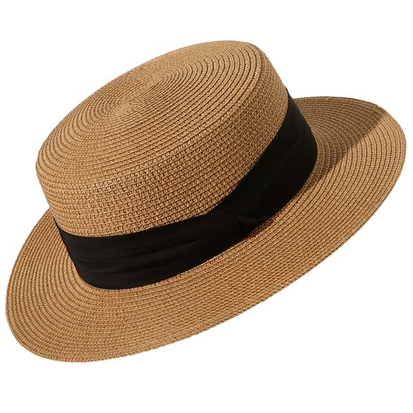 Lanzom Sun Hats for Women Wide Brim Straw Boater Hat Foldable Packable Beach Hat for Summer (Khaki, Medium)