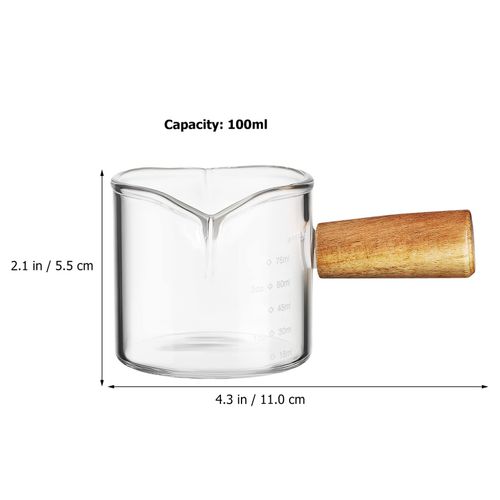 Alipis 2Pcs Small Glass Pitcher, Milk Frothing Pitcher with Wooden Handle and Scale, Latte Art Cup Espresso Shot Glass Small Jug with Spout for Coffee, Creamer, Milk, Tea, Syrup