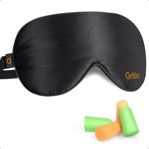 Silk Sleep Mask, Eye Mask, Gritin Light-Blackout Design Ultra Soft & Comfortable 100% Natural Silk Sleeping Mask Eye Blinder with Adjustable Strap and Ear Plug for Men, Women and Kids