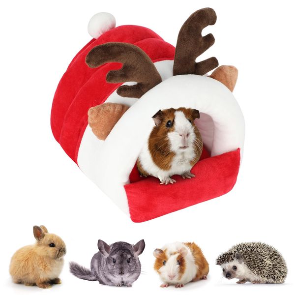 FHTONGE Guinea Pig Bed Cave for Winter, Christmas Guinea Pig Hideout House Rreindeer Shap, Warm Rat Hideaway Cozy Chinchilla Bed for Dwarf Rabbit Ferret Hedgehog Hamster Small Animal Hide