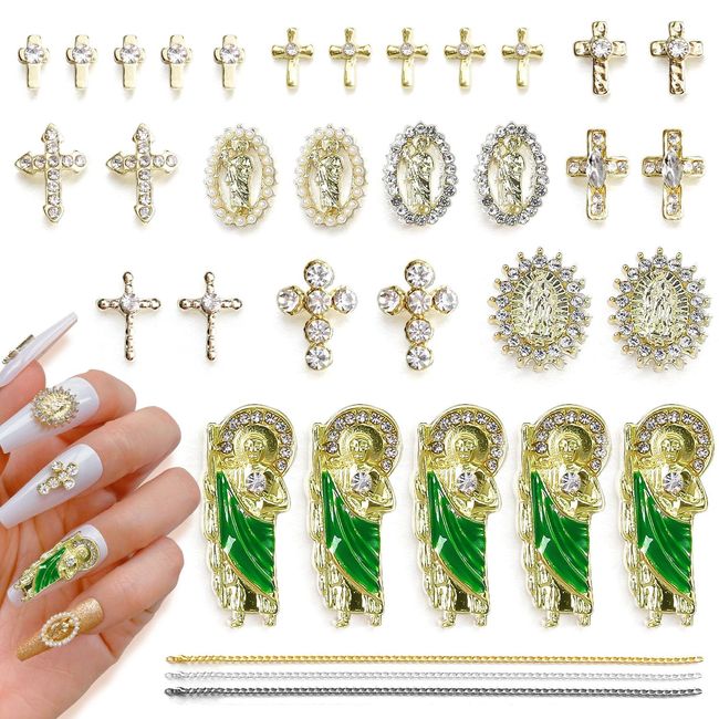 36 Pcs 3D Cross Nail Rhinestones Charms San Judas Tadeo Virgin Mary Nail Charms for Acrylic Nails Chains Gold Nail Art Metal Shiny Alloy Crystals Gems DIY Jewels Accessories Supplies Decorations Set