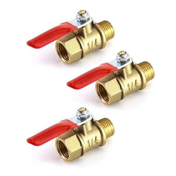 QWORK Ball Valve, 3 Pcs 1/4" Heavy Duty Brass Ball Valve Shut Off Switch, 1/4" Male x Female NPT Thread Pipe Fitting Air Compressor Shut Off Valve