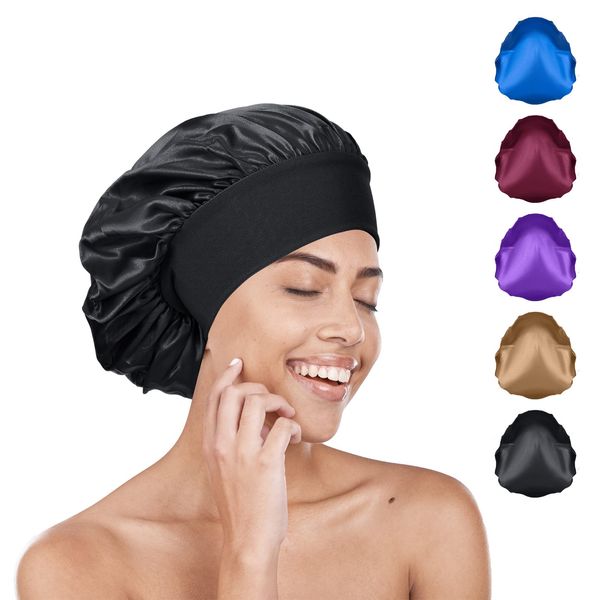 Black Silk Hair Wrap for Sleeping, Satin Bonnet Sleep Cap for Curly Hair, Night Caps with Wide Elastic Band, Soft Satin Head Cover Shower Caps Silk Bonnet for Women Girls Makeup Hair Protection