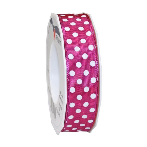 Präsent - Polka Dots Wired & Printed Ribbon Pink 25 mm width, 20 m length