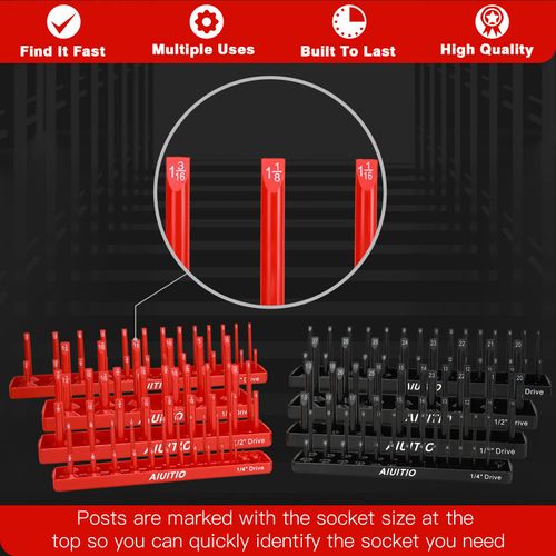 AIUITIO 8 Piece Metric & SAE Socket Organizer Tray Set, 1/4-Inch, 3/8-Inch & 1/2-Inch Drive Standard & Deep Socket Holders for Toolboxes, Store 176 Sockets