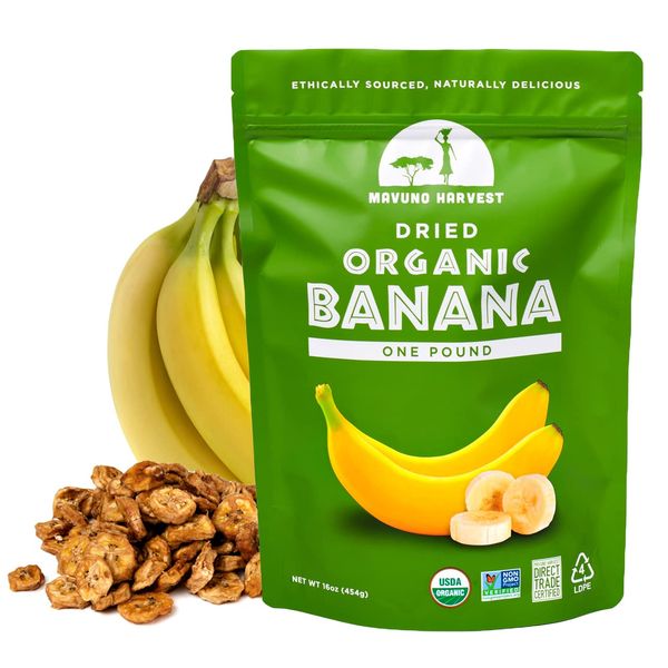 Mavuno Harvest Dried Banana Chips Fruit Snacks | Organic Dried Banana | Healthy Snacks for Kids & Adults | Unsweetened Banana Chips | Gluten Free Snack | Vegan, Non GMO, Direct Trade | 1 Pound Bag