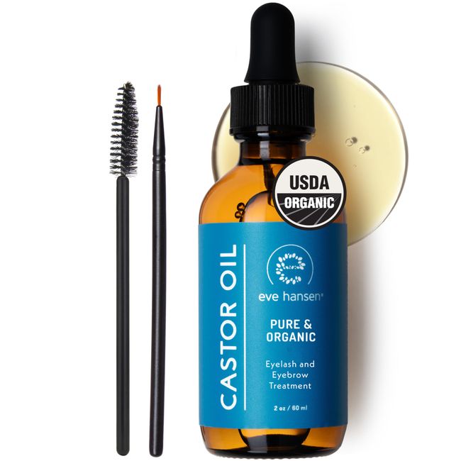 Eve Hansen Organic Castor Oil USDA Certified | Pure Carrier Oil for Eyelashes, Eyebrows, Hair, and Skin with Applicator (2oz)