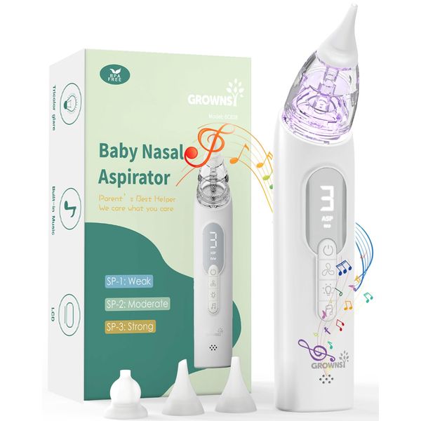 GROWNSY Upgrade Nasal Aspirator for Baby, Rechargeable Baby Nose Sucker, Electric Nose Suction for Baby with Advanced Soothing Music and Light Design, Food-Grade Silicone Tips, 3 Suction Modes