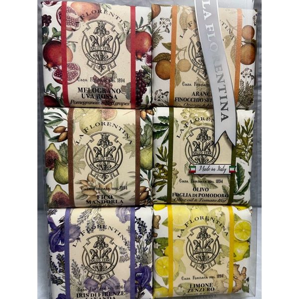 MARIO FISSI LA FLORENTINA ASSORTED SOAP SET,IRIS ORANGE,GRAPE,LEMON,FIG, 6X 3.7
