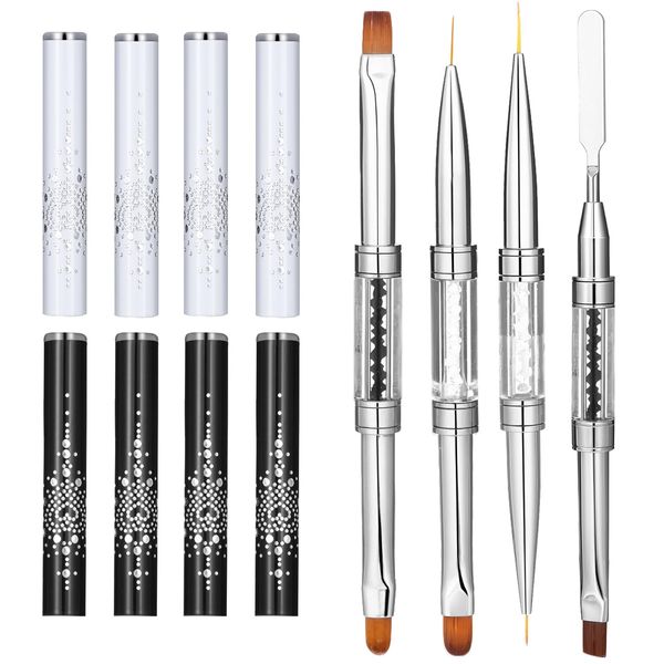 JIEYAO 4Pcs Dual-Ended Hard Gel Nail Brush, Gel Brush & Picker Brush tool Set, French Tip Nail Liner Brush Rhinestone Handle Nail Brushes Nail Drawing Brush Builder Gel Brushes for Nail Art Design