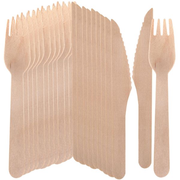 Sabco - 100pcs Wooden Knives & Forks - Premium Wooden Cutlery Made of Birch. - 100x Wooden Forks & 100x Knives - Biodegradable Cutlery Biodegradable Disposable Cutlery - Eco Friendly Cutlery