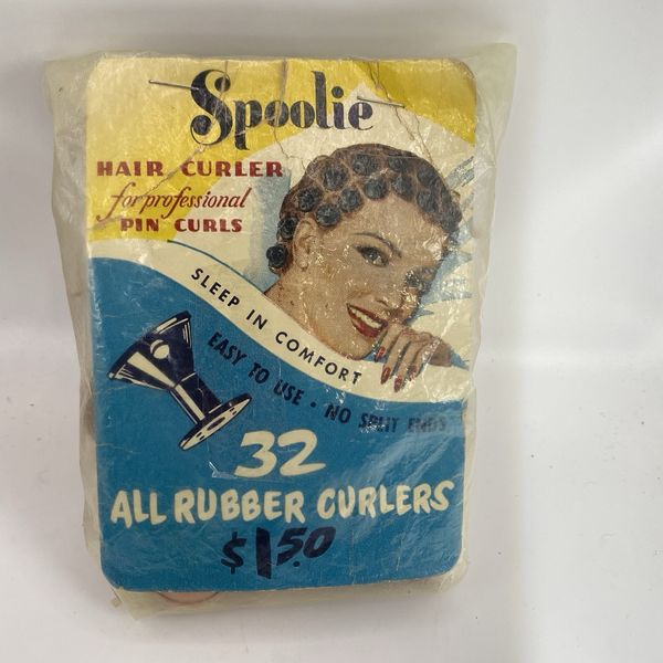 Vintage SPOOLIES 32 Hair Curlers Set Rubber Made In USA Professional Pin Curls