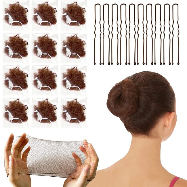 Unsichtbare Haarnetze, 30PCS Haarnetz Dutt Kinder Ballett mit Elastischem Rand Mesh und 20pcs Kaffee U Form Haar Bun Pins für Mädchen Frauen Ballett Tänzer Catering (Braun)