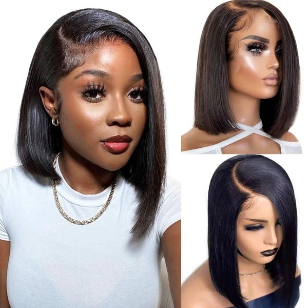 RXY 13X4 Bob Straight Wig Echthaar Perücke HD Transparent Lace Front Wigs Human Hair Perücke Damen Echthaar Real Hair Wig Glueless Wig Human Hair 150% Density 10 Zoll (26cm)