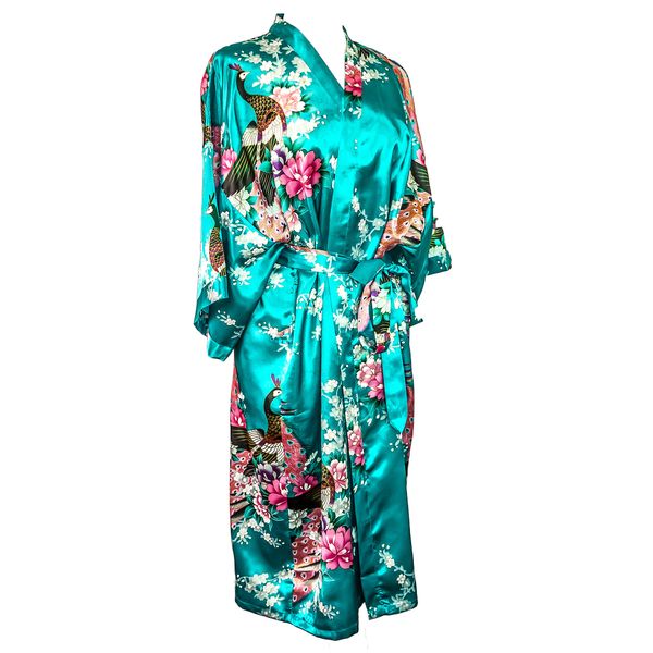 Kimono Robe Long 16 Colors Premium Peacock Bridesmaid Bridal Shower Womens Gift, 8 - 16 UK adult, Blue Turquoise