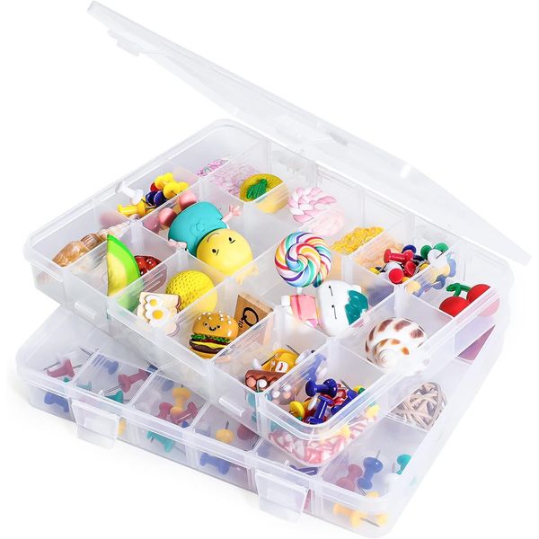 LAifu 2PCS Plastic Stackable Organizer Container with Adjustable Dividers, Snack Box with 18 Removable Grids Compartments for Jewelry Cosmetics Craft Tackle Pills Beads Bolts and Nuts